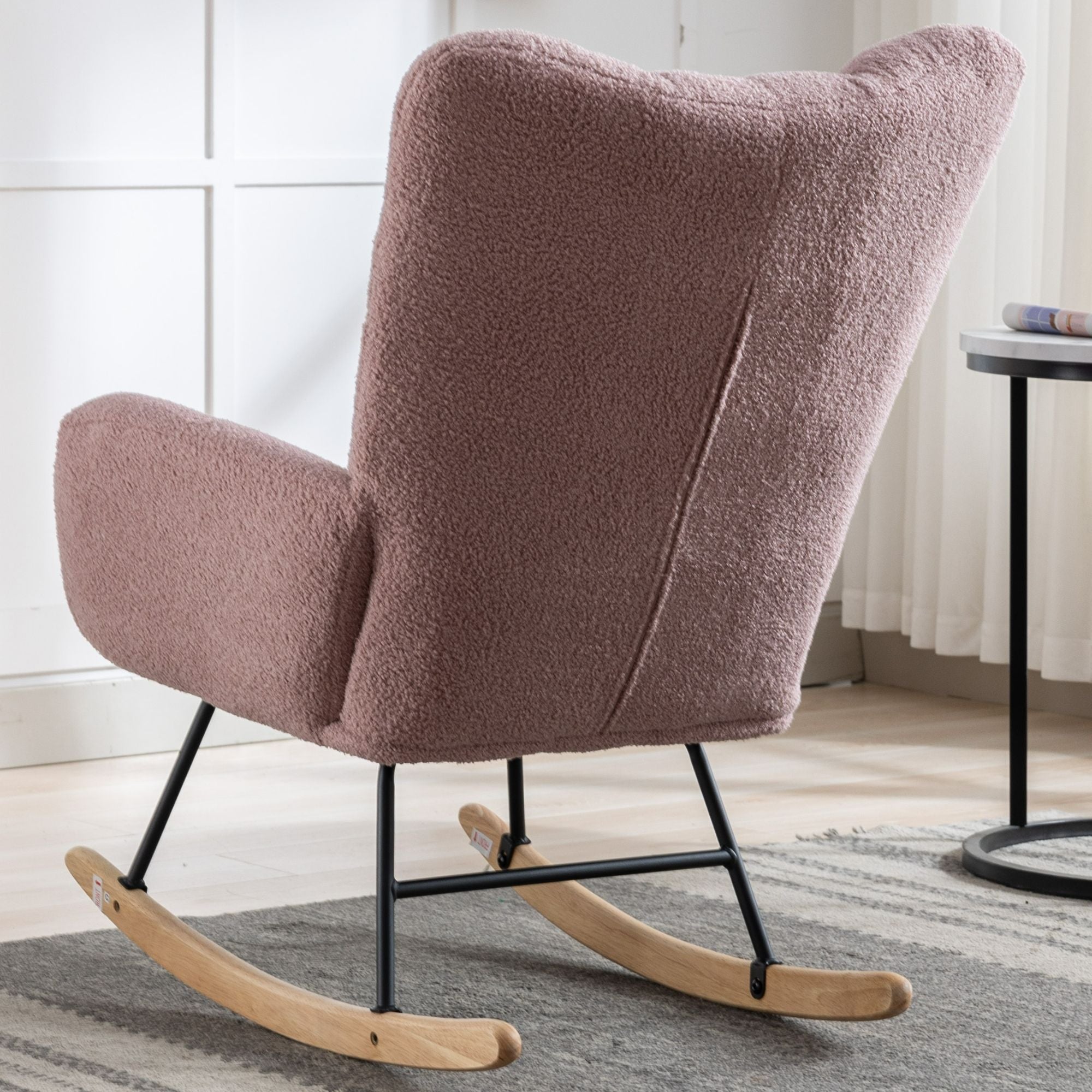 Wingback Rocking Chair with Storage Pocket, Upholstered in Soft Teddy Fabric, Featuring a Sturdy Solid Wood Base