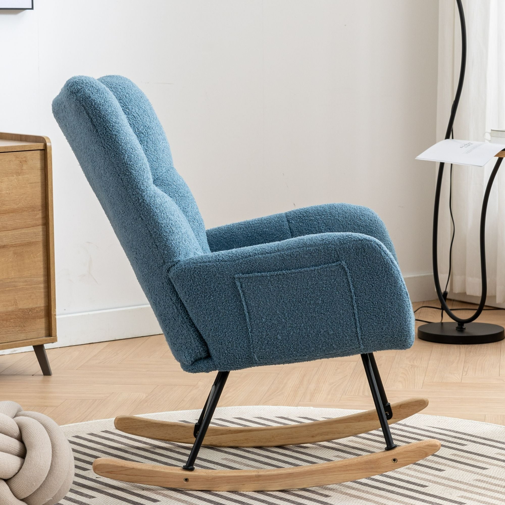 Wingback Rocking Chair with Storage Pocket, Upholstered in Soft Teddy Fabric, Featuring a Sturdy Solid Wood Base