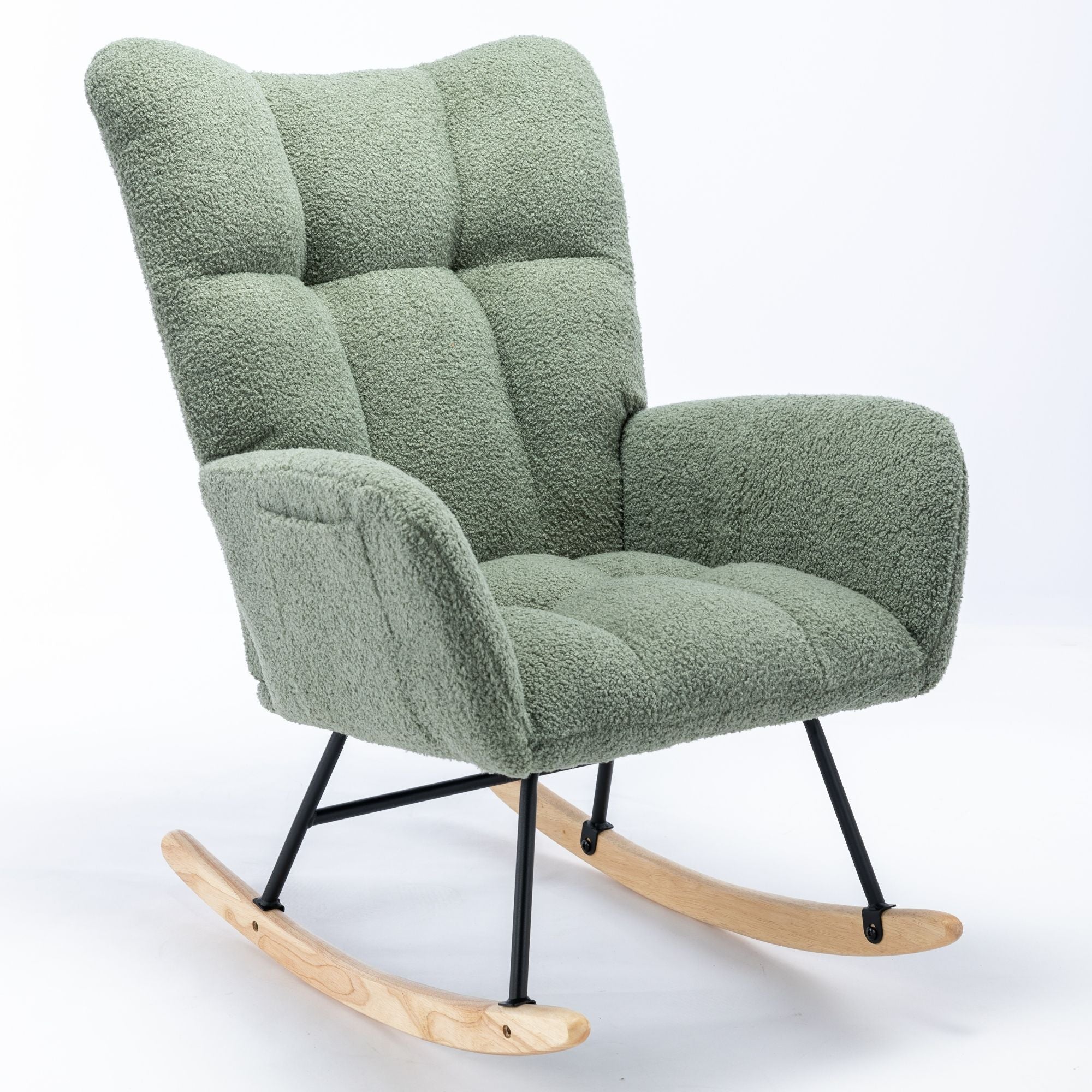 Wingback Rocking Chair with Storage Pocket, Upholstered in Soft Teddy Fabric, Featuring a Sturdy Solid Wood Base