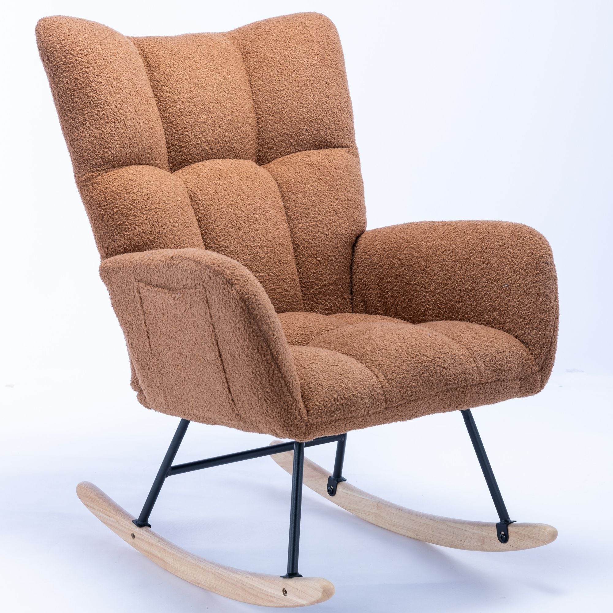 Wingback Rocking Chair with Storage Pocket, Upholstered in Soft Teddy Fabric, Featuring a Sturdy Solid Wood Base