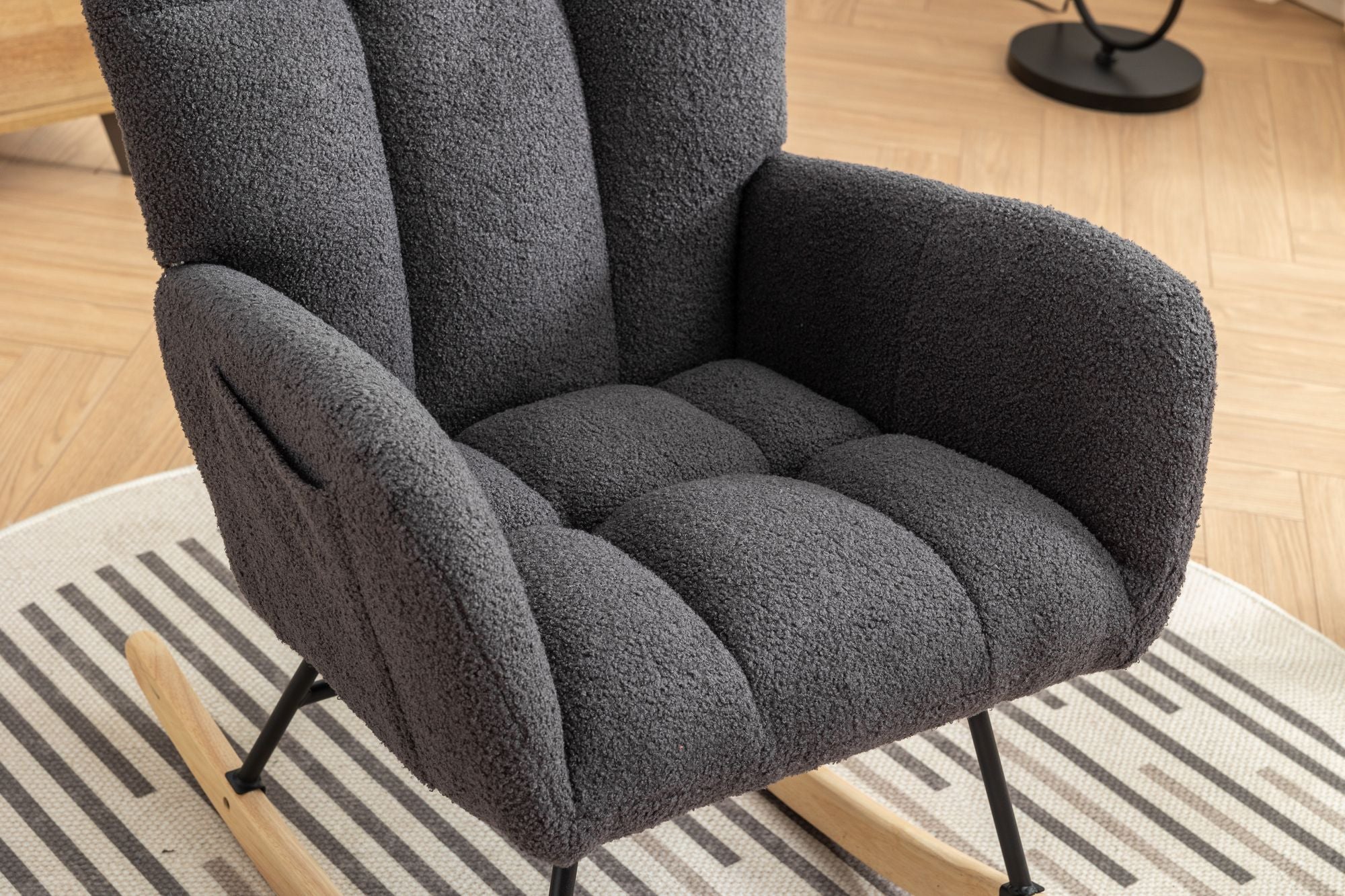 Wingback Rocking Chair with Storage Pocket, Upholstered in Soft Teddy Fabric, Featuring a Sturdy Solid Wood Base