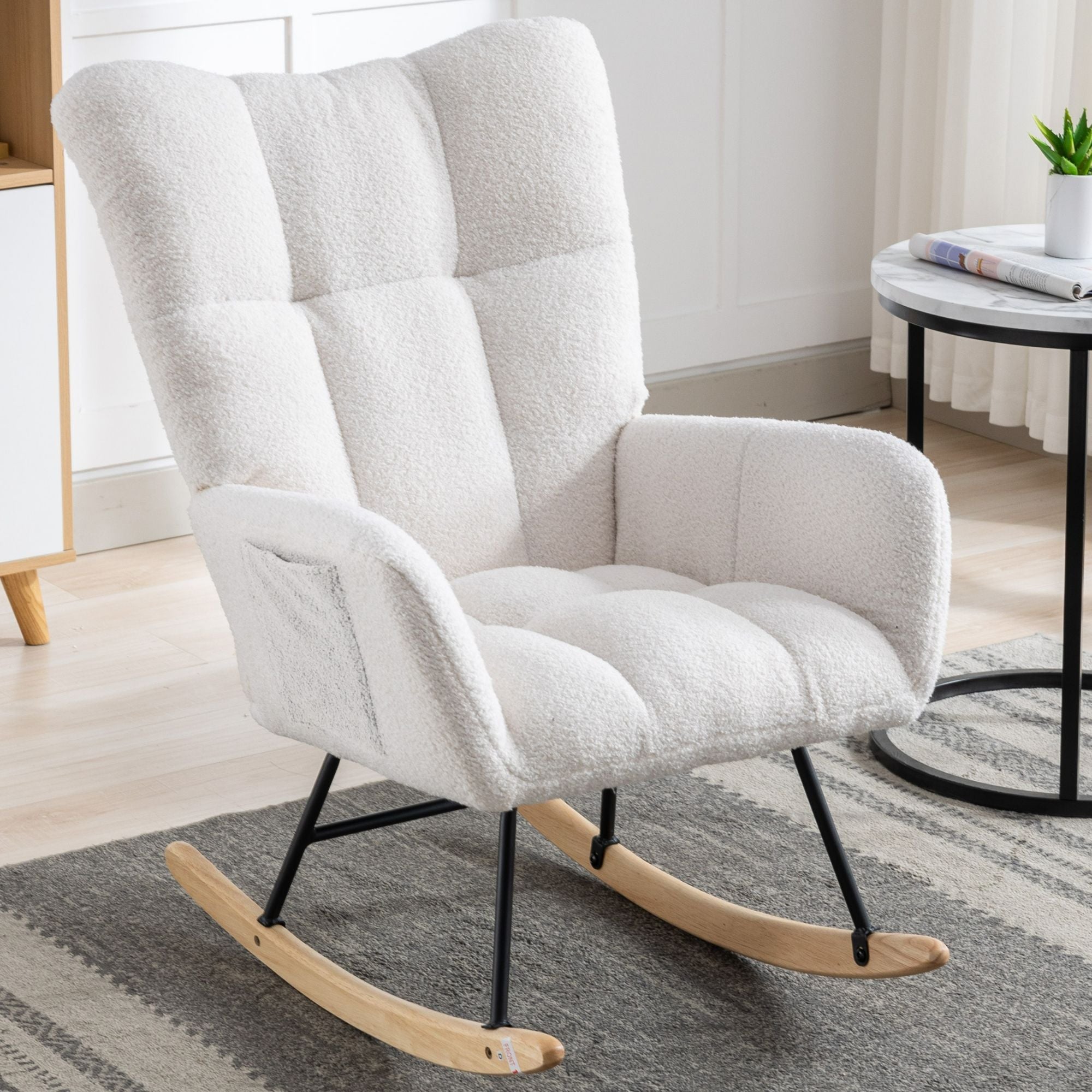 Wingback Rocking Chair with Storage Pocket, Upholstered in Soft Teddy Fabric, Featuring a Sturdy Solid Wood Base