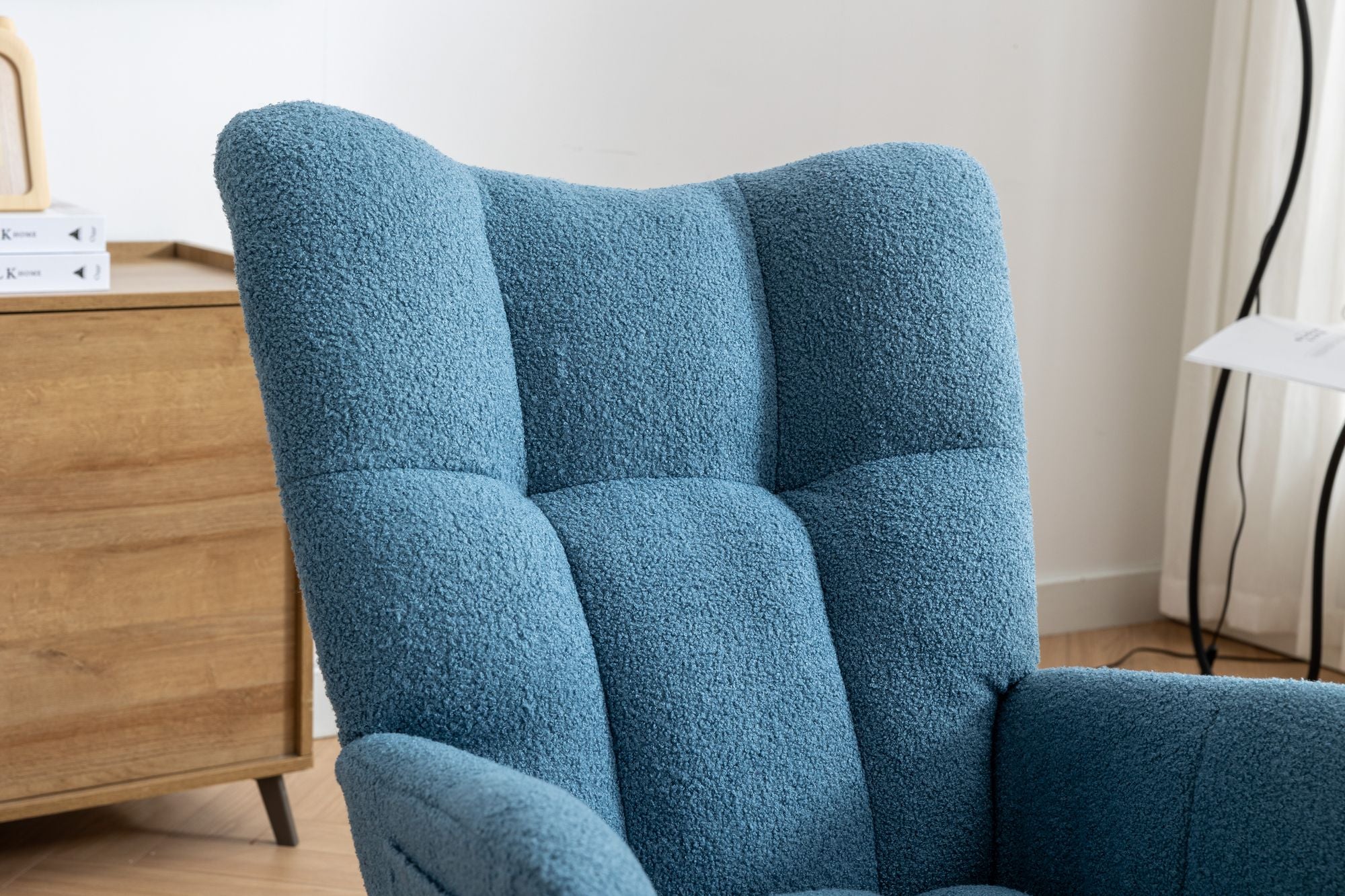 Wingback Rocking Chair with Storage Pocket, Upholstered in Soft Teddy Fabric, Featuring a Sturdy Solid Wood Base