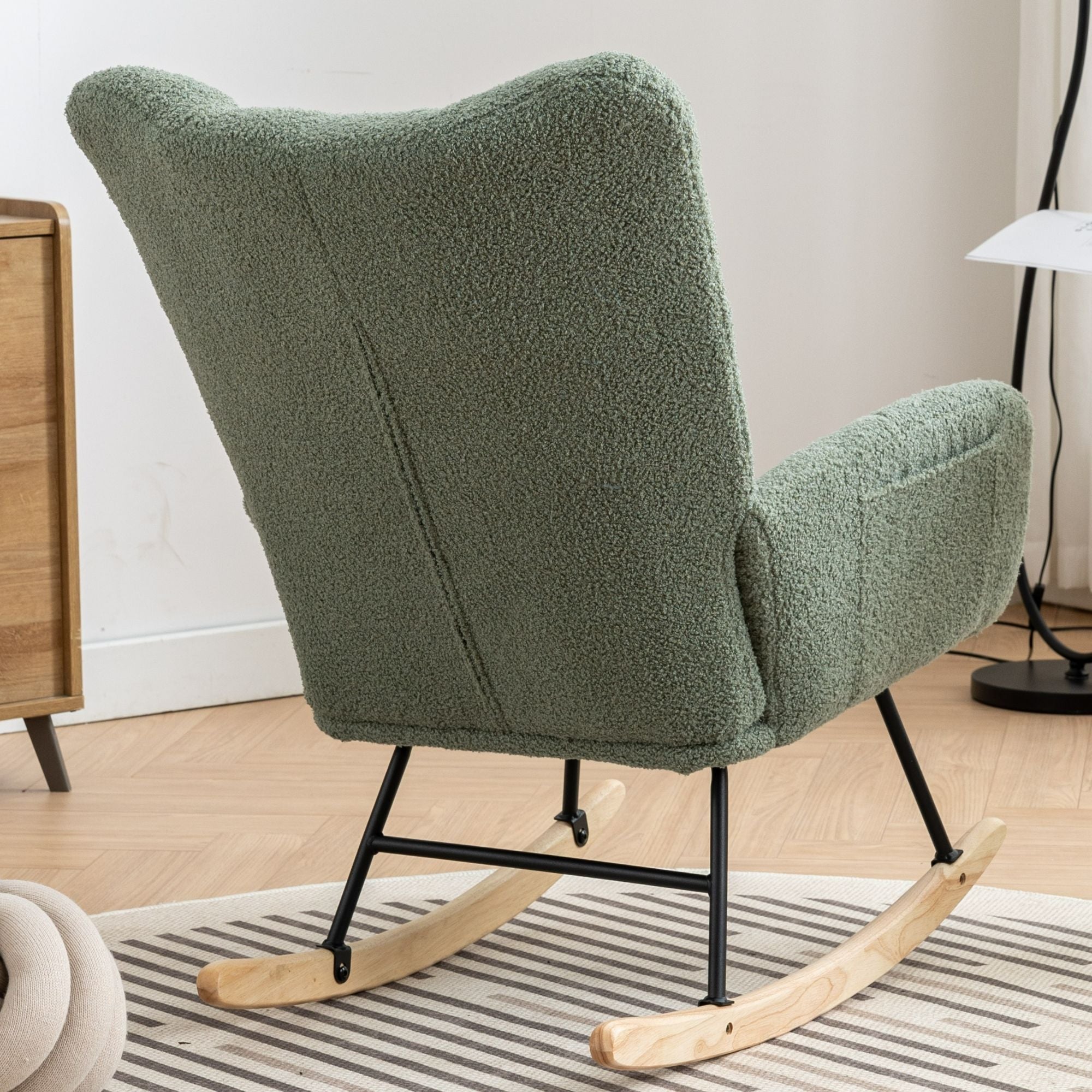 Wingback Rocking Chair with Storage Pocket, Upholstered in Soft Teddy Fabric, Featuring a Sturdy Solid Wood Base