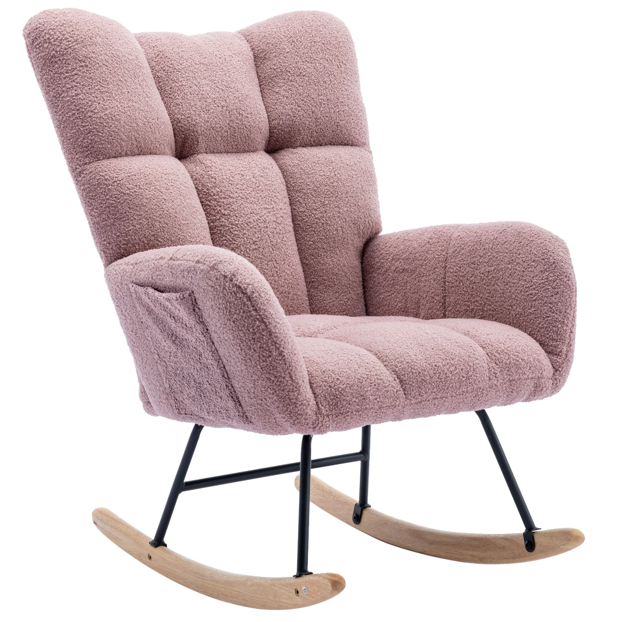 Wingback Rocking Chair with Storage Pocket, Upholstered in Soft Teddy Fabric, Featuring a Sturdy Solid Wood Base