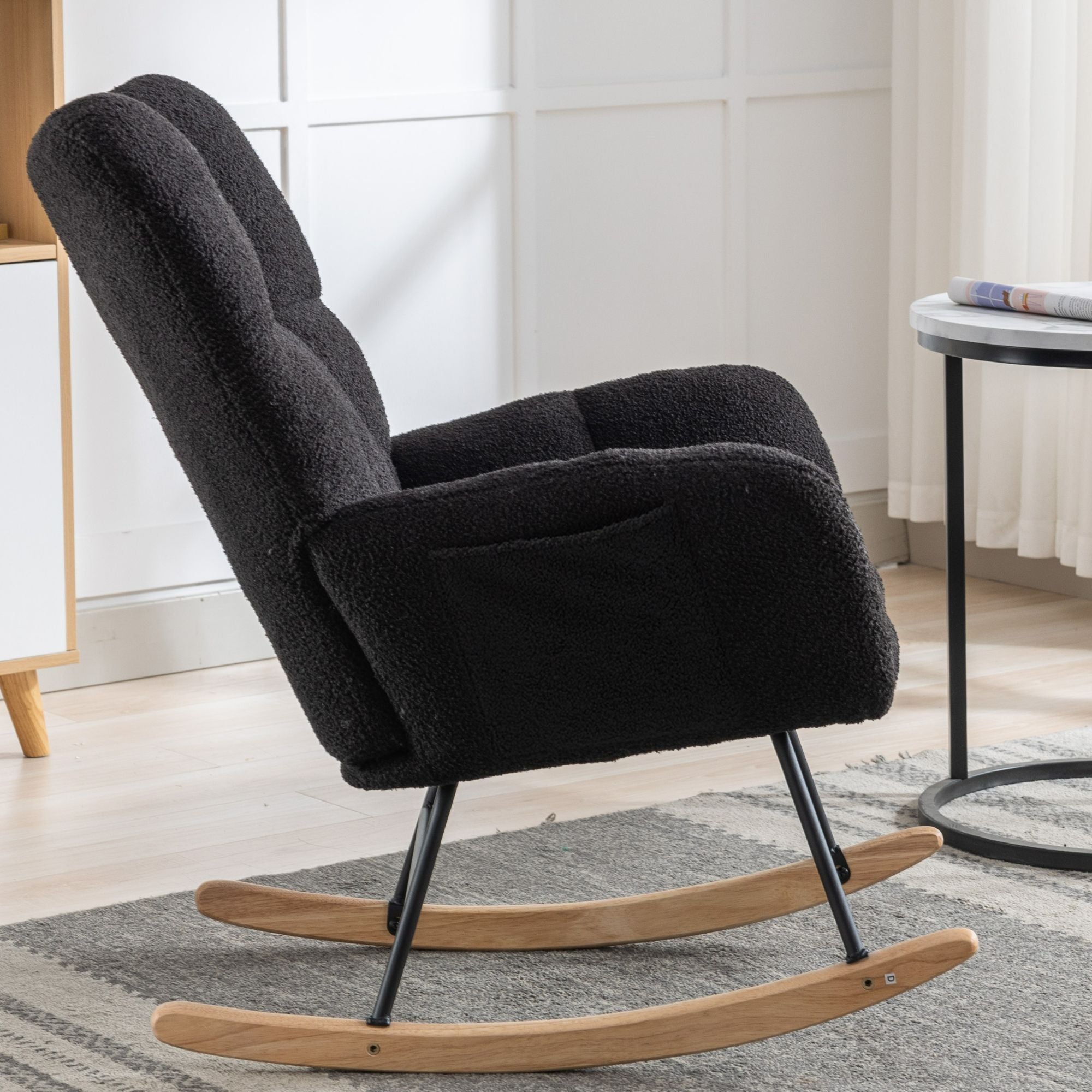 Wingback Rocking Chair with Storage Pocket, Upholstered in Soft Teddy Fabric, Featuring a Sturdy Solid Wood Base