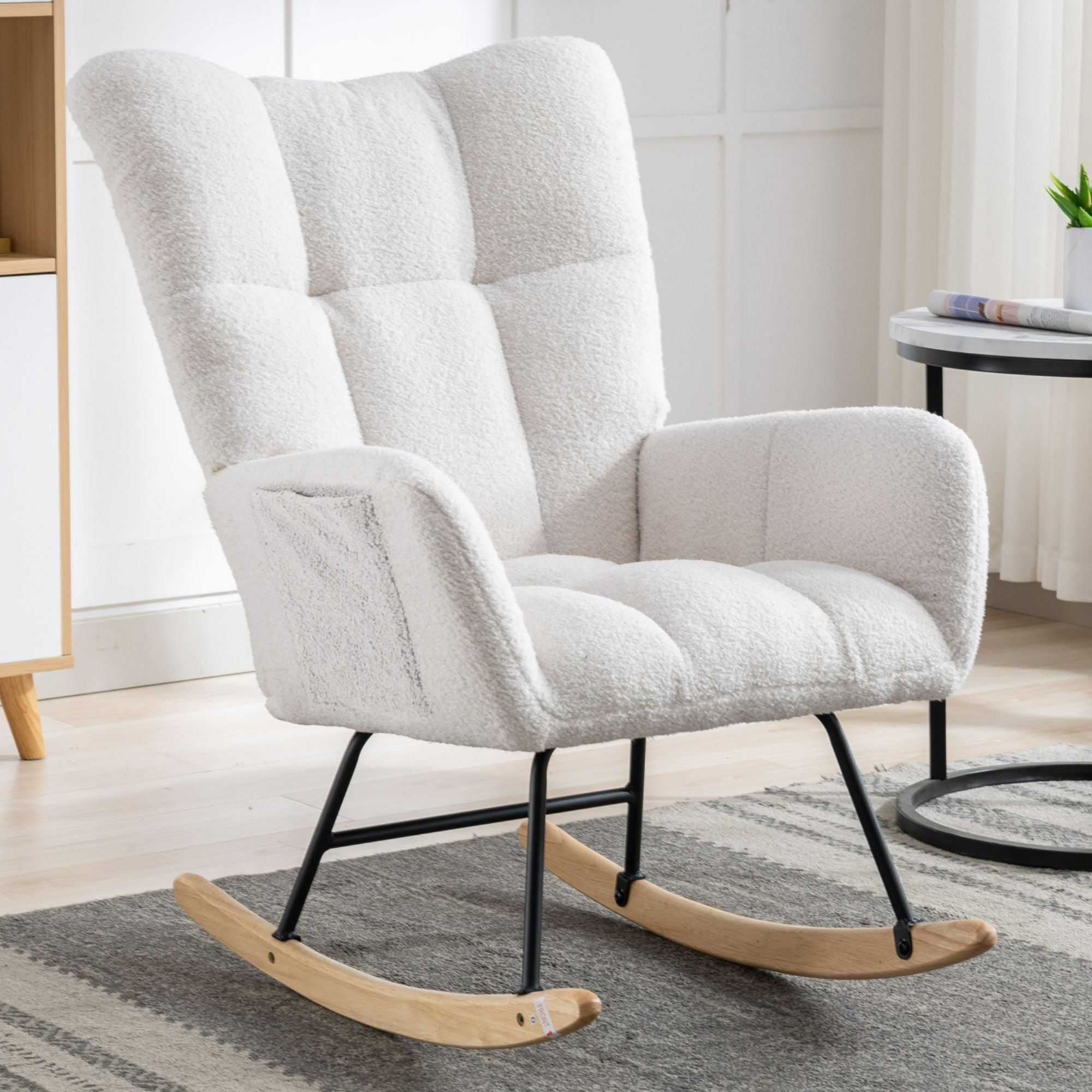 Wingback Rocking Chair with Storage Pocket, Upholstered in Soft Teddy Fabric, Featuring a Sturdy Solid Wood Base