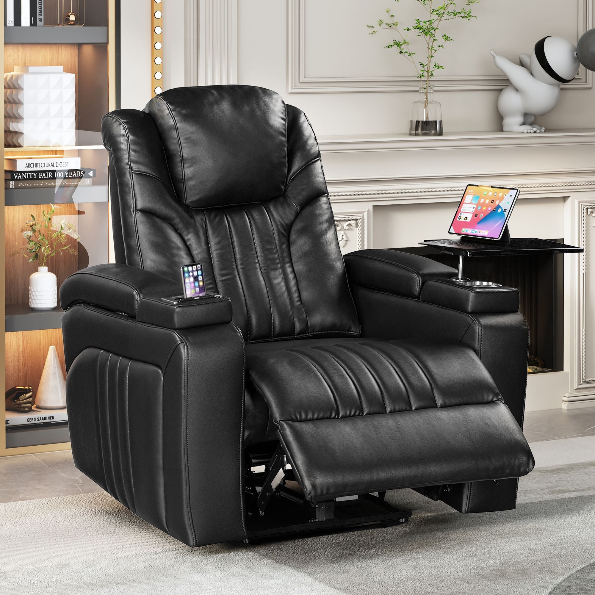 PU Leather Power Recliner with Adjustable Headrest, Wireless Charging, USB, Storage, Cup Holder & Tray