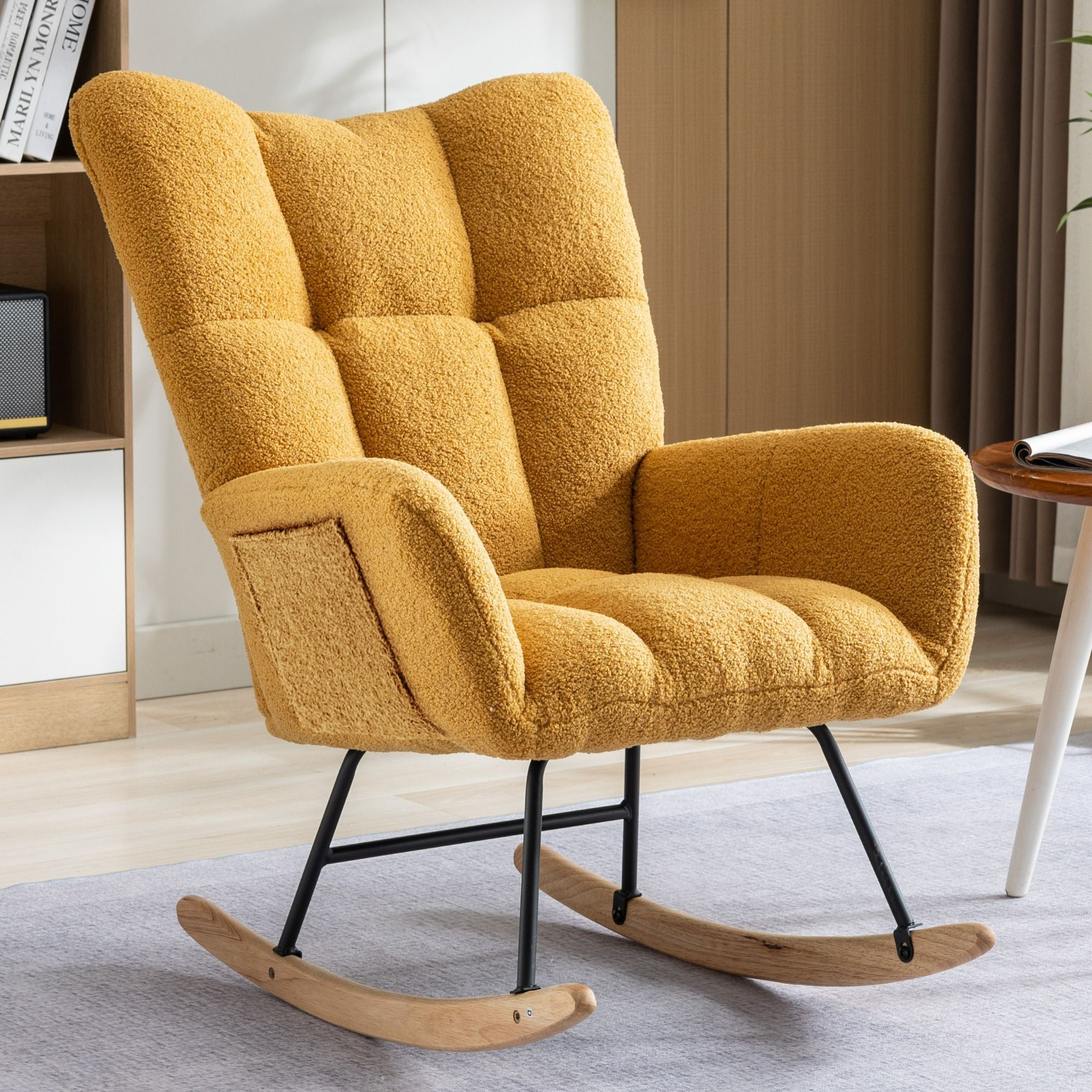 Wingback Rocking Chair with Storage Pocket, Upholstered in Soft Teddy Fabric, Featuring a Sturdy Solid Wood Base