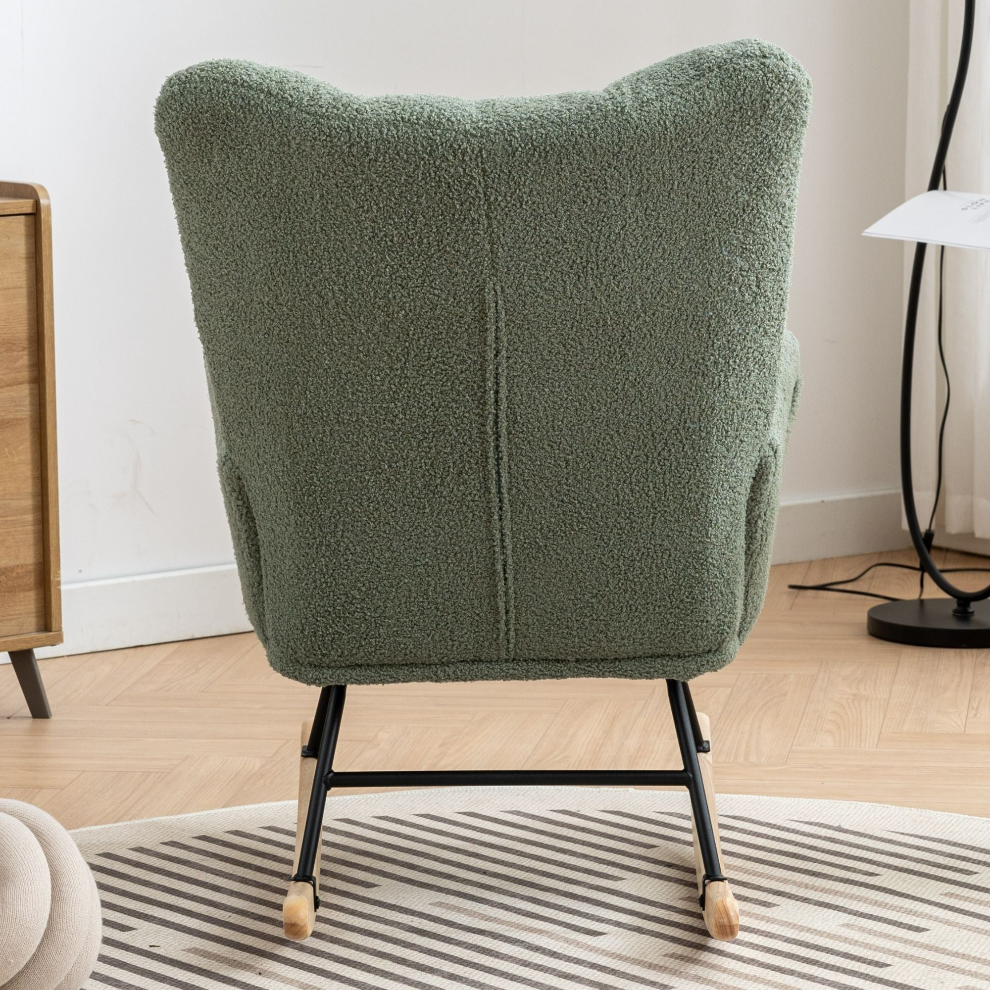 Wingback Rocking Chair with Storage Pocket, Upholstered in Soft Teddy Fabric, Featuring a Sturdy Solid Wood Base