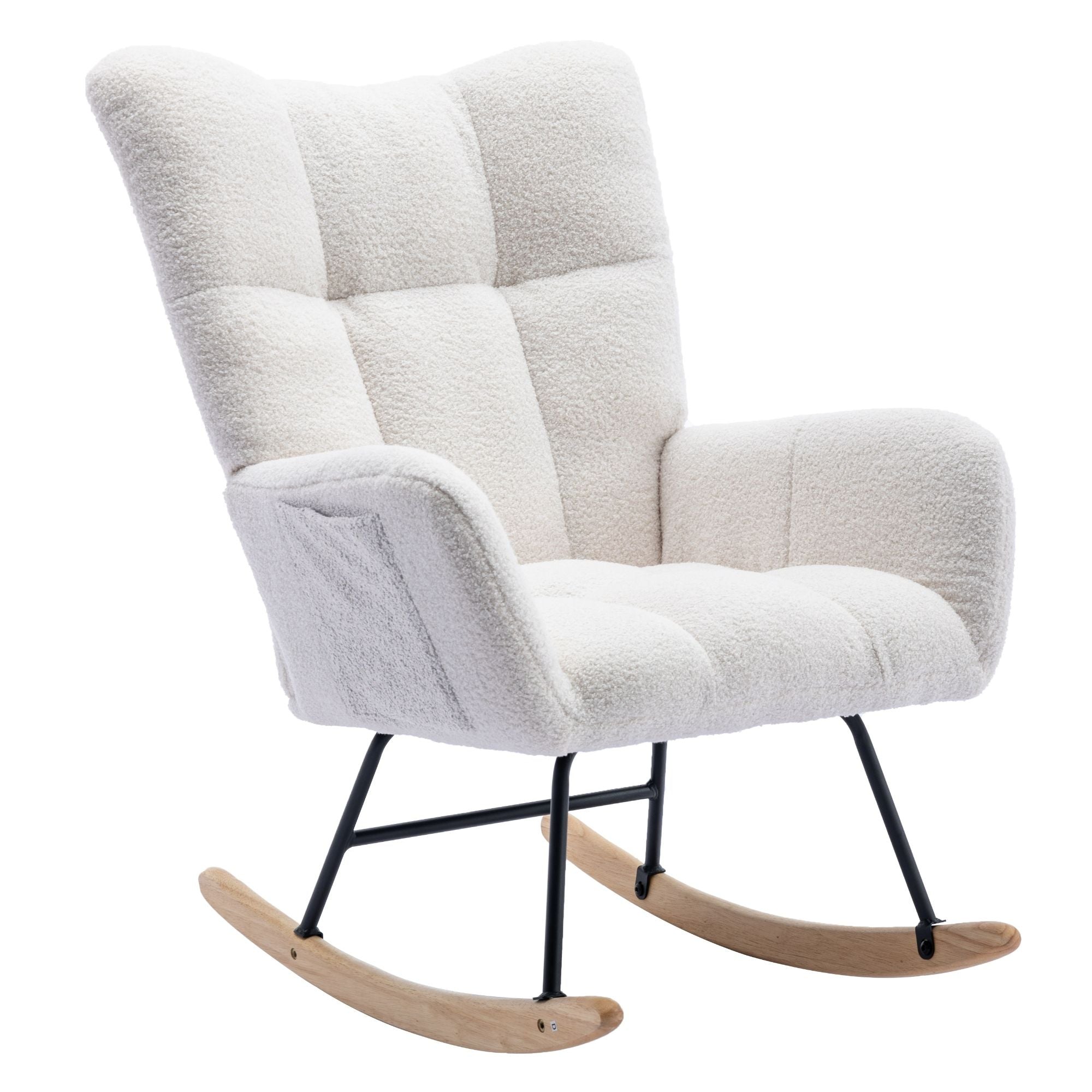 Wingback Rocking Chair with Storage Pocket, Upholstered in Soft Teddy Fabric, Featuring a Sturdy Solid Wood Base