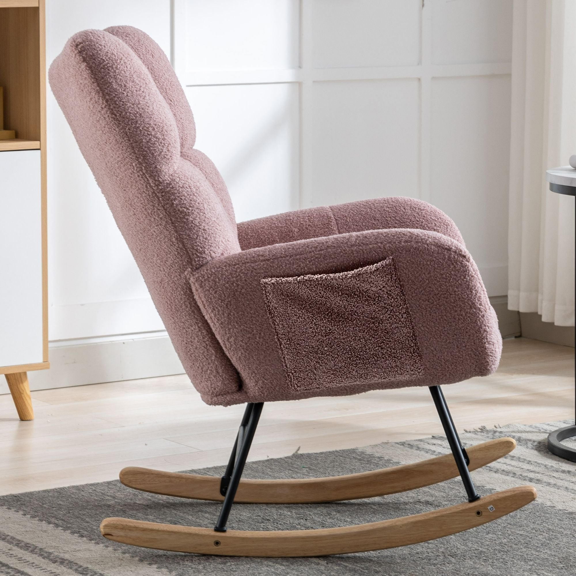 Wingback Rocking Chair with Storage Pocket, Upholstered in Soft Teddy Fabric, Featuring a Sturdy Solid Wood Base