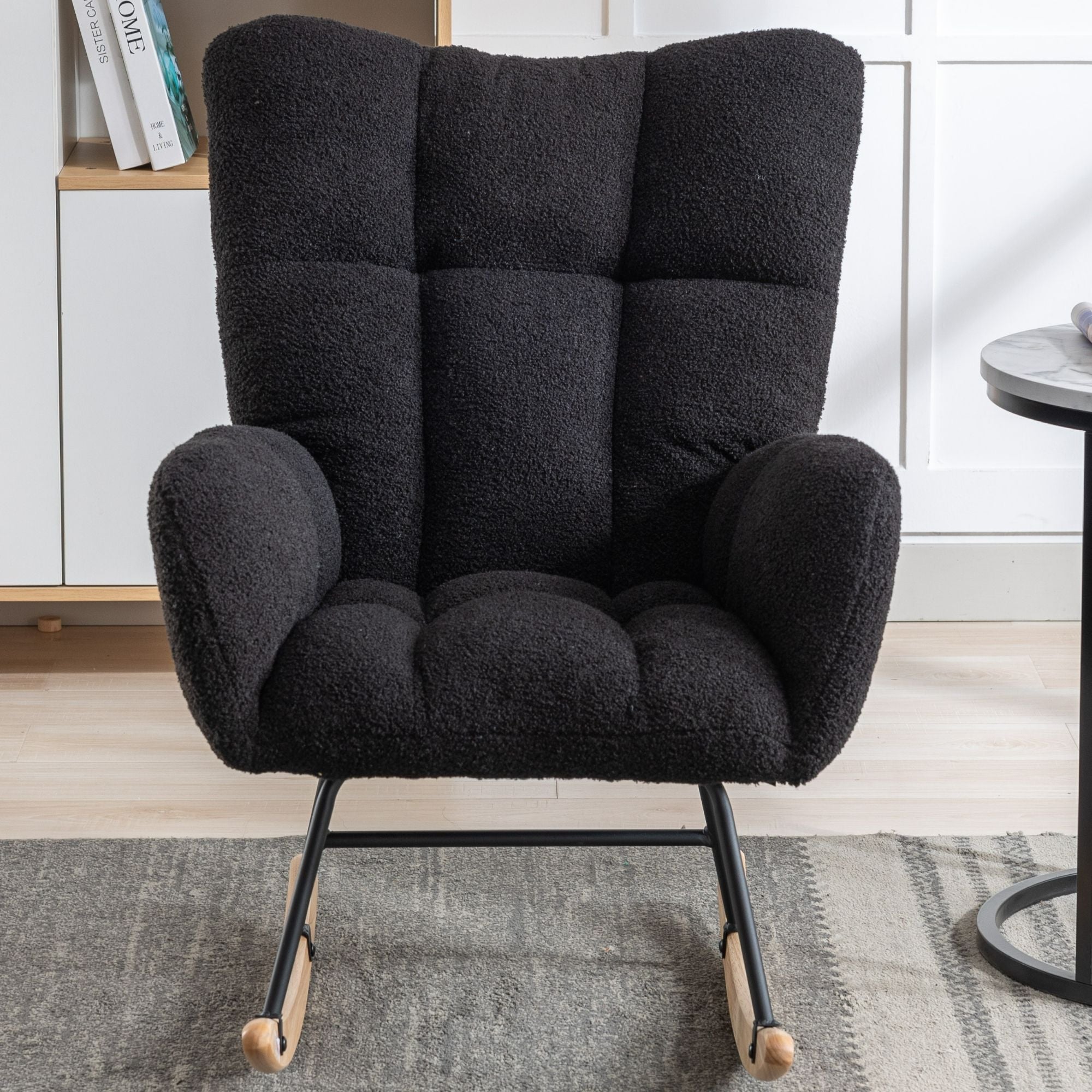 Wingback Rocking Chair with Storage Pocket, Upholstered in Soft Teddy Fabric, Featuring a Sturdy Solid Wood Base