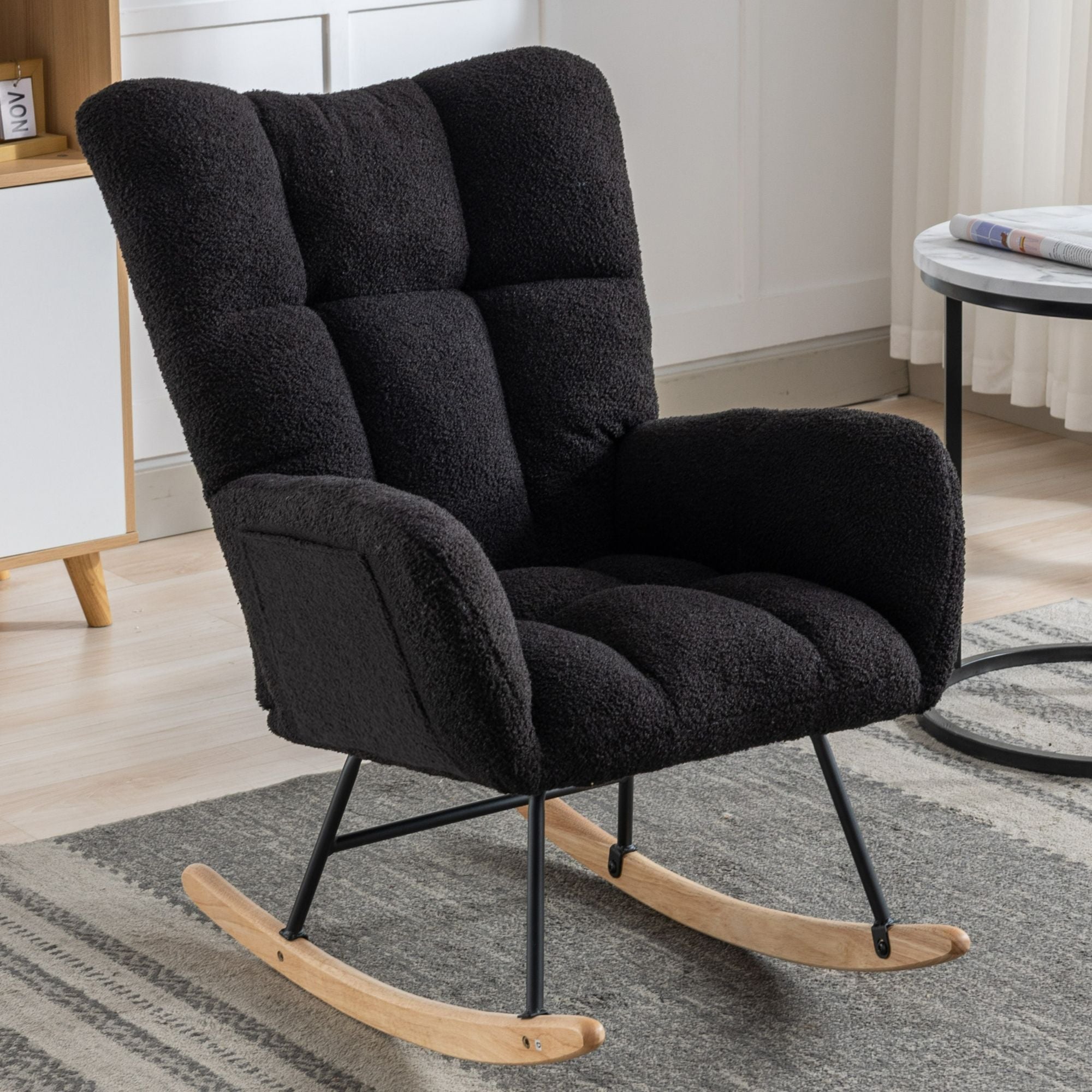 Wingback Rocking Chair with Storage Pocket, Upholstered in Soft Teddy Fabric, Featuring a Sturdy Solid Wood Base