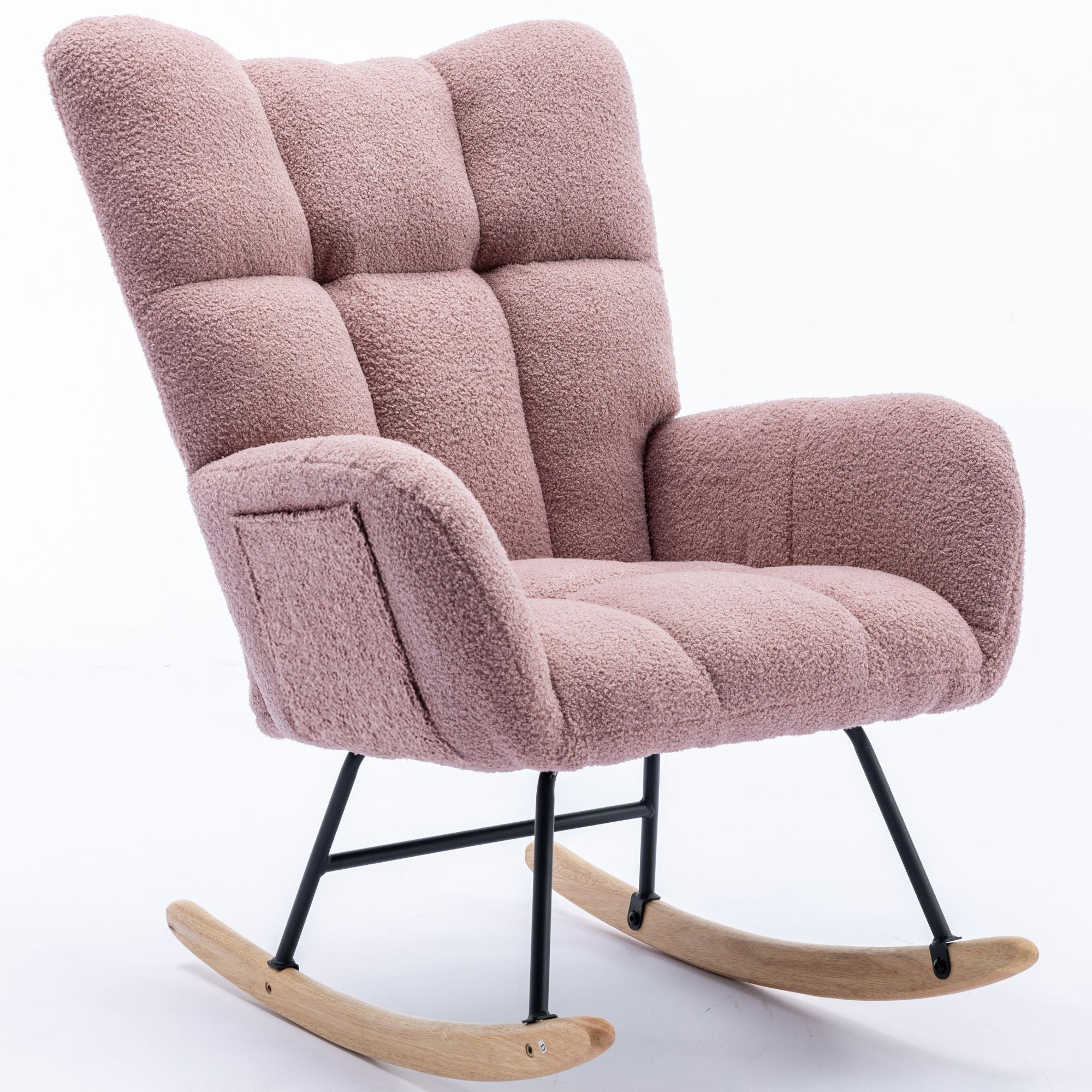 Wingback Rocking Chair with Storage Pocket, Upholstered in Soft Teddy Fabric, Featuring a Sturdy Solid Wood Base