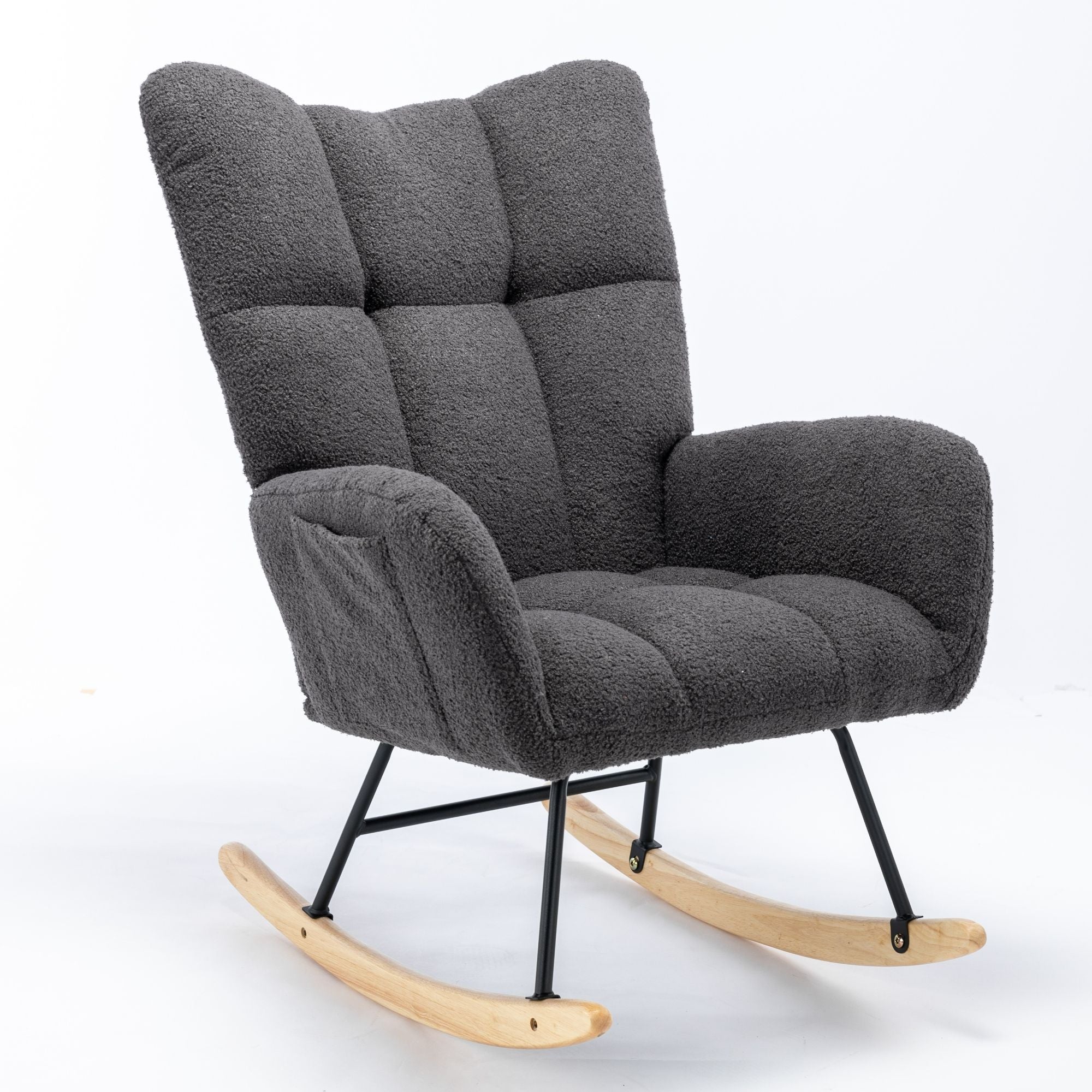 Wingback Rocking Chair with Storage Pocket, Upholstered in Soft Teddy Fabric, Featuring a Sturdy Solid Wood Base