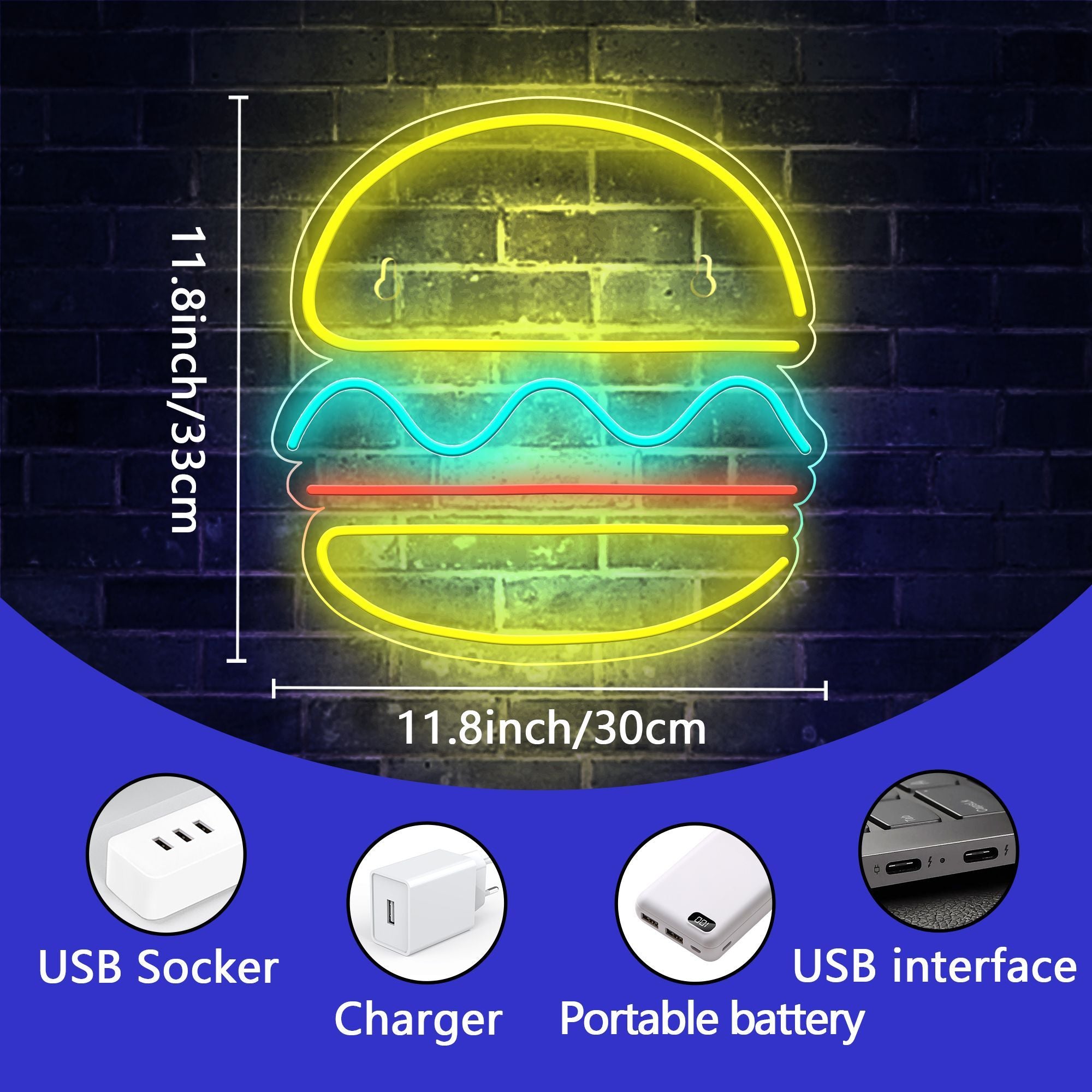 1pc 5V USB-Powered Neon Sign with Hamburger-Shaped Back Plate