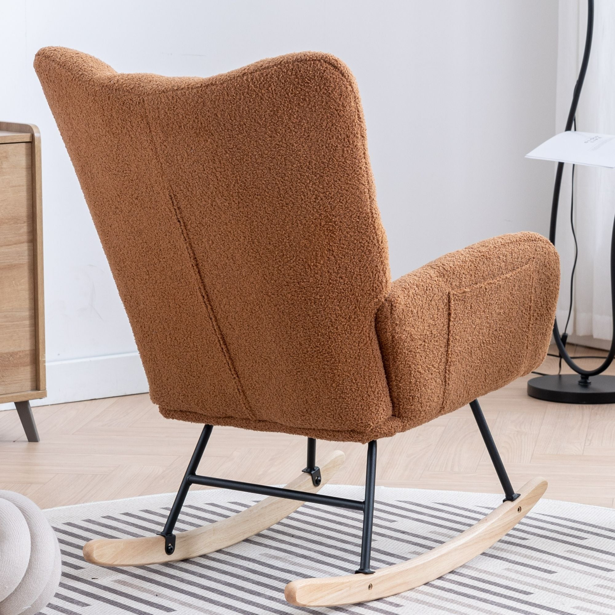 Wingback Rocking Chair with Storage Pocket, Upholstered in Soft Teddy Fabric, Featuring a Sturdy Solid Wood Base