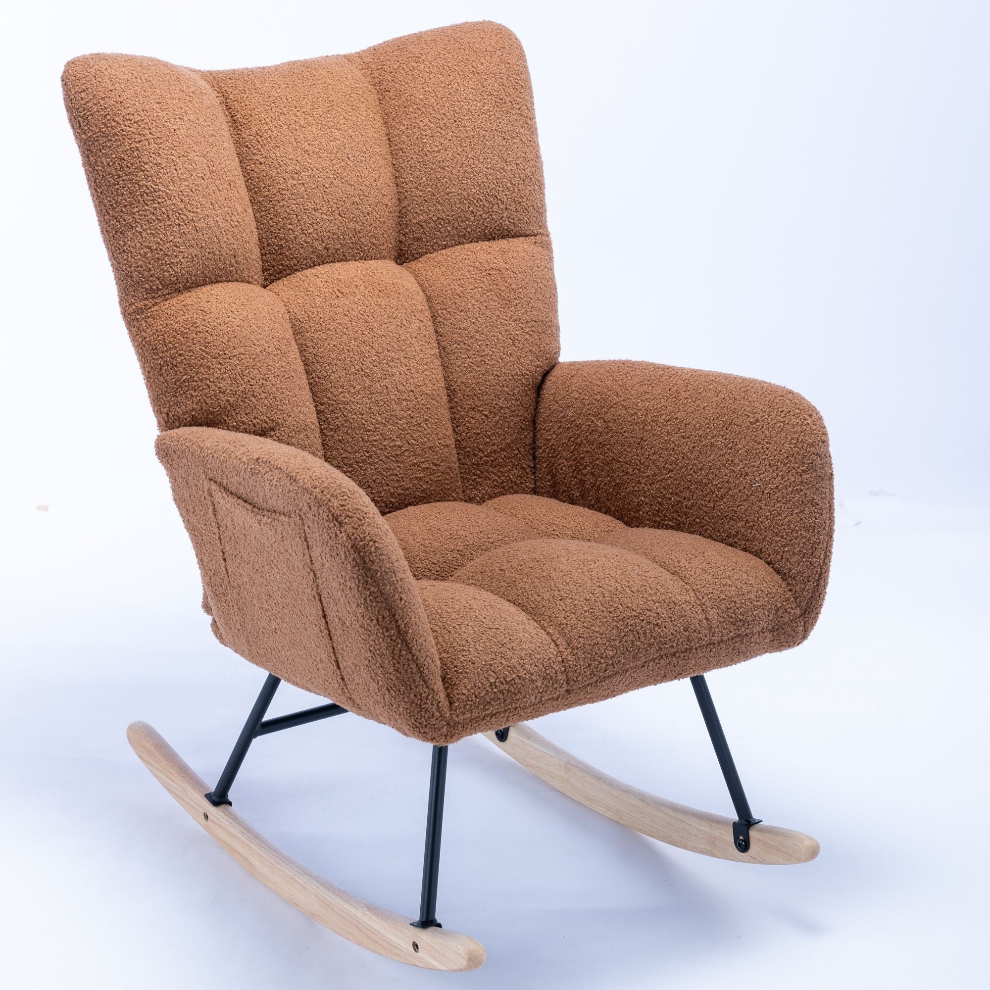 Wingback Rocking Chair with Storage Pocket, Upholstered in Soft Teddy Fabric, Featuring a Sturdy Solid Wood Base