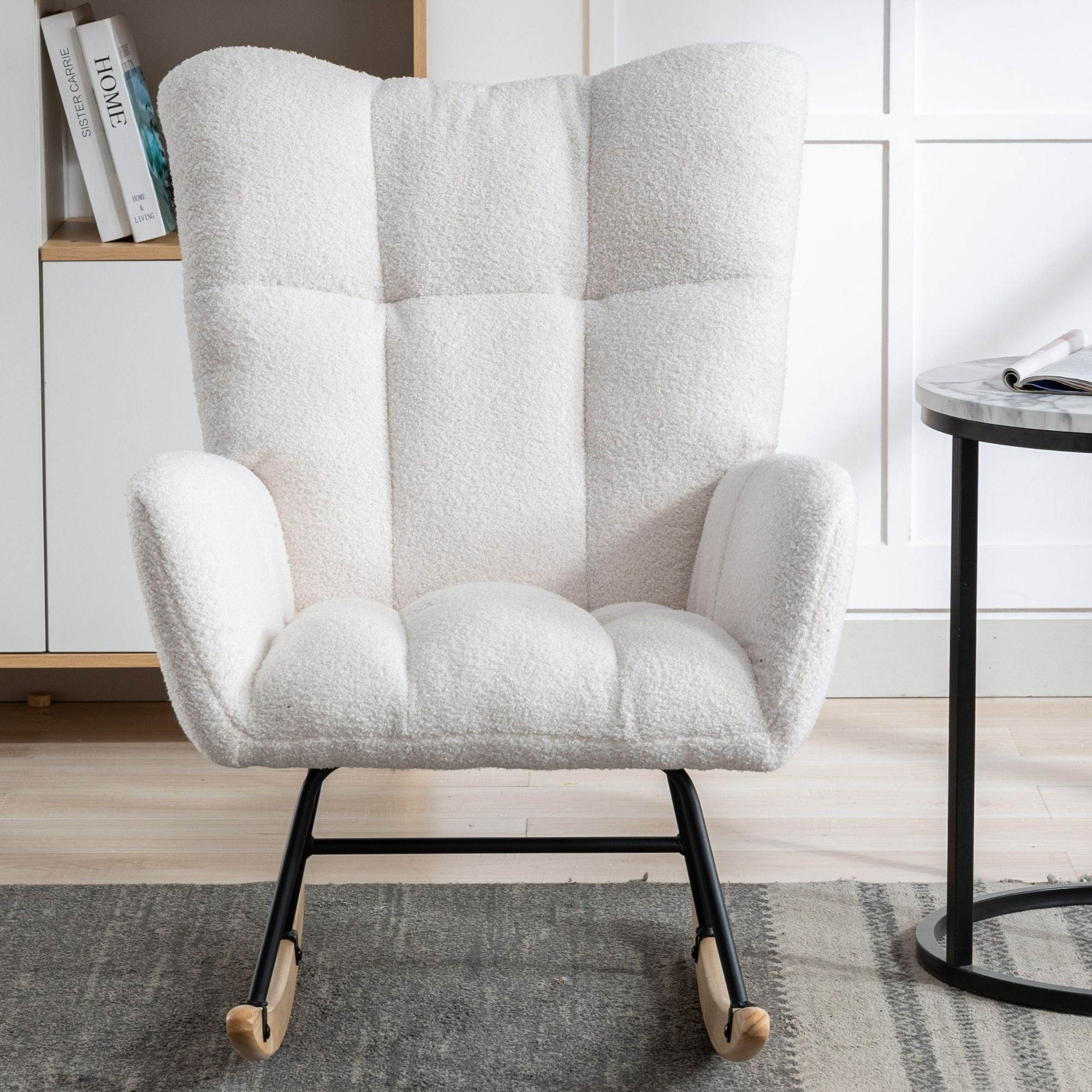 Wingback Rocking Chair with Storage Pocket, Upholstered in Soft Teddy Fabric, Featuring a Sturdy Solid Wood Base