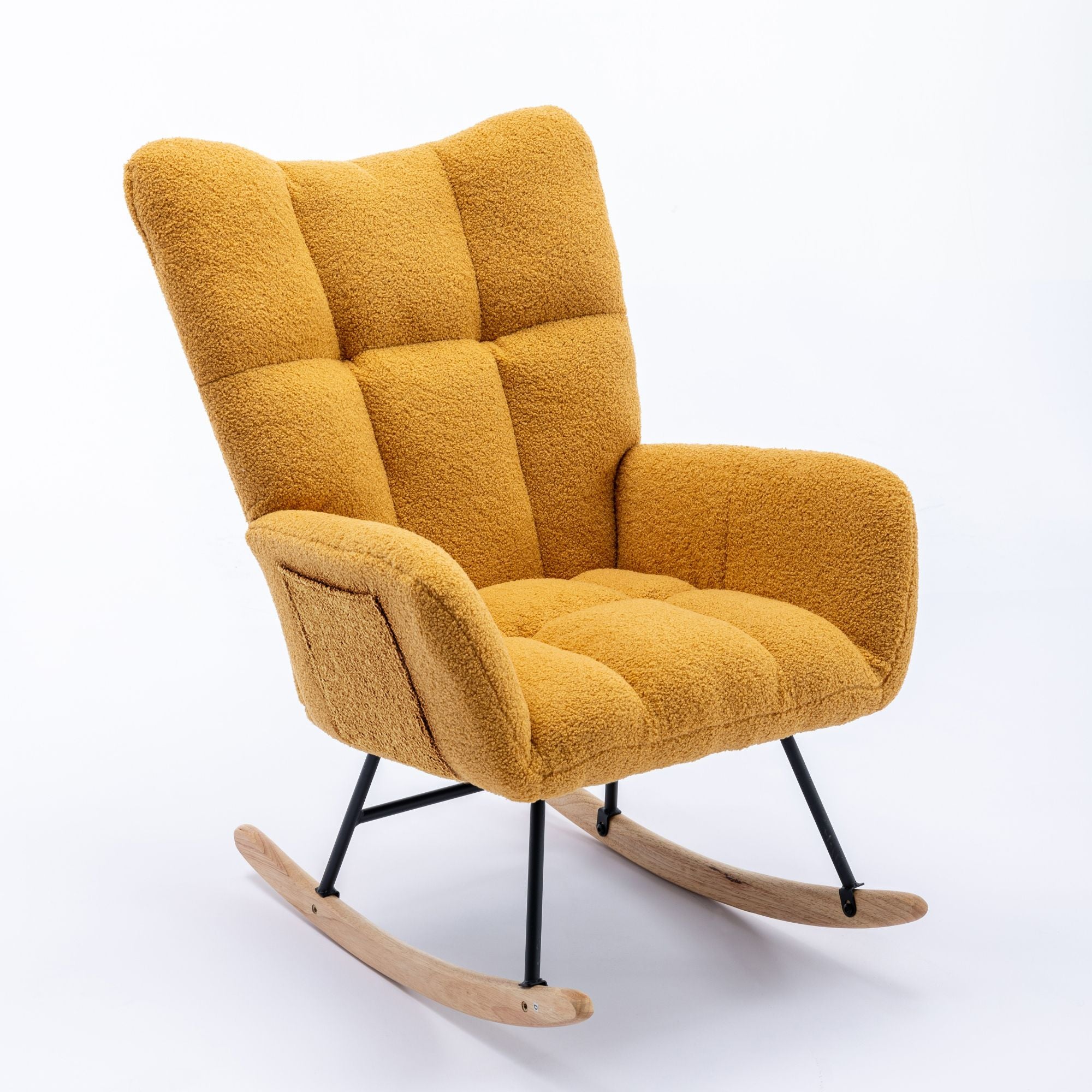 Wingback Rocking Chair with Storage Pocket, Upholstered in Soft Teddy Fabric, Featuring a Sturdy Solid Wood Base