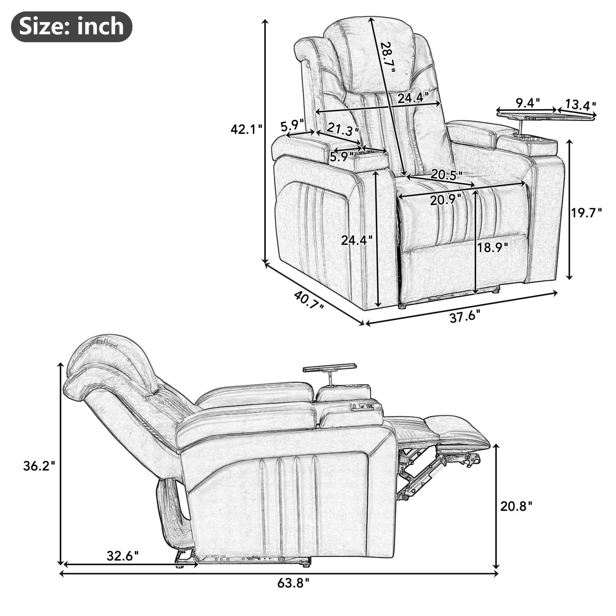 PU Leather Power Recliner with Adjustable Headrest, Wireless Charging, USB, Storage, Cup Holder & Tray