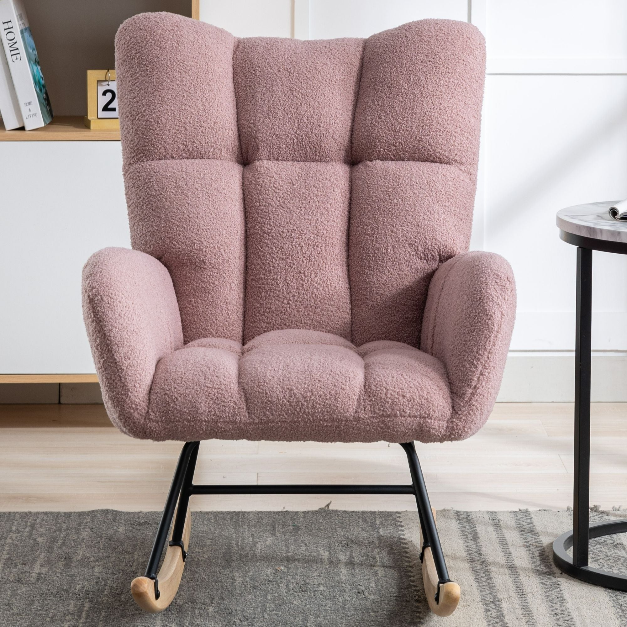 Wingback Rocking Chair with Storage Pocket, Upholstered in Soft Teddy Fabric, Featuring a Sturdy Solid Wood Base