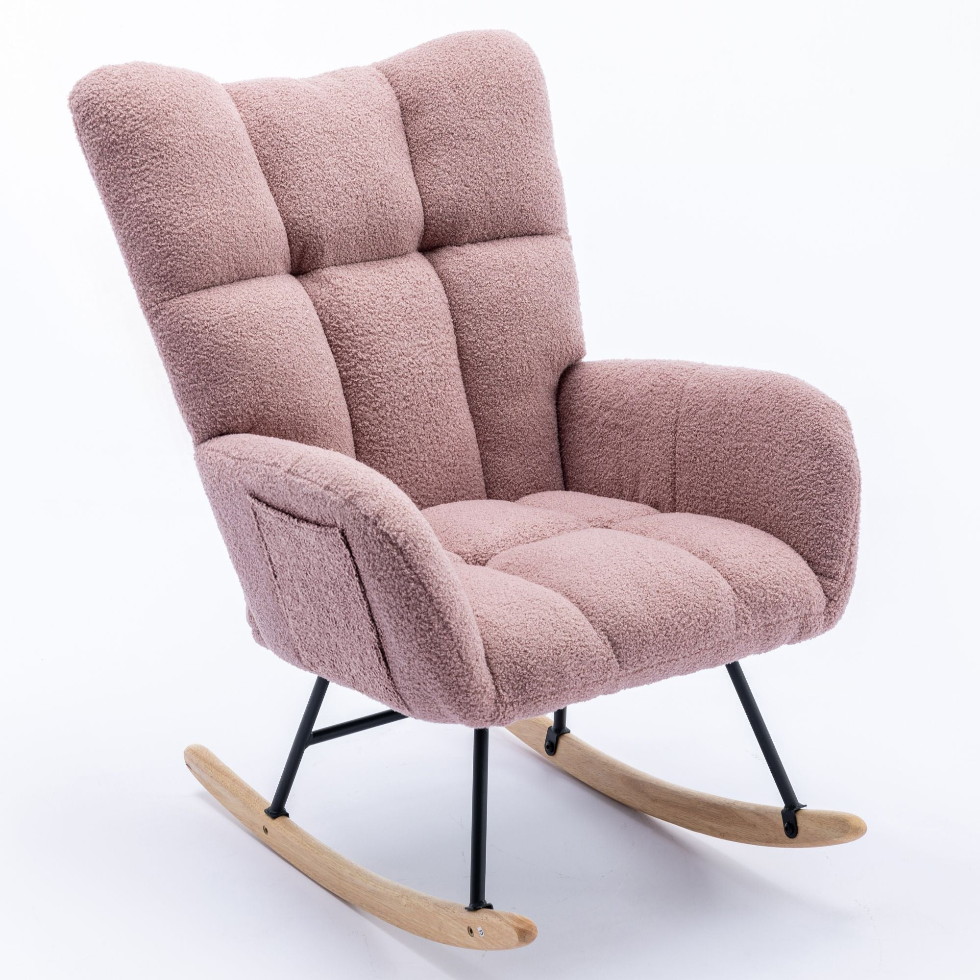 Wingback Rocking Chair with Storage Pocket, Upholstered in Soft Teddy Fabric, Featuring a Sturdy Solid Wood Base