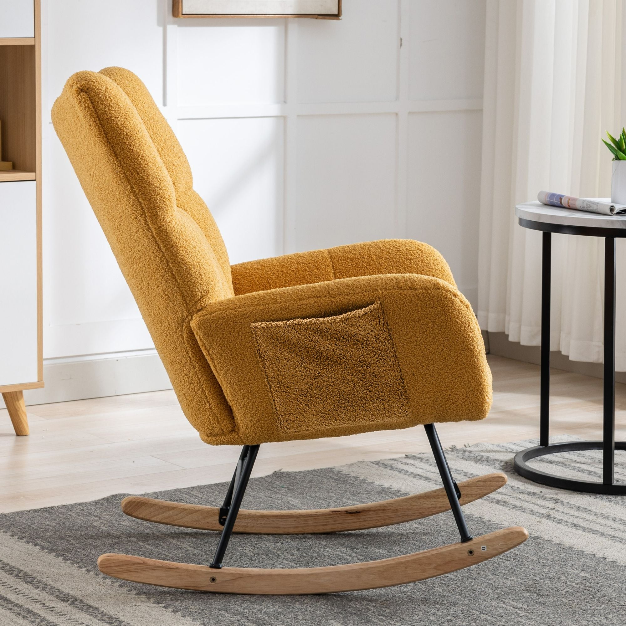 Wingback Rocking Chair with Storage Pocket, Upholstered in Soft Teddy Fabric, Featuring a Sturdy Solid Wood Base