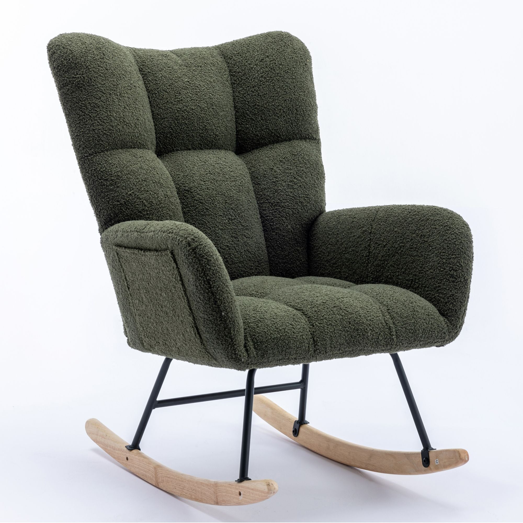 Wingback Rocking Chair with Storage Pocket, Upholstered in Soft Teddy Fabric, Featuring a Sturdy Solid Wood Base