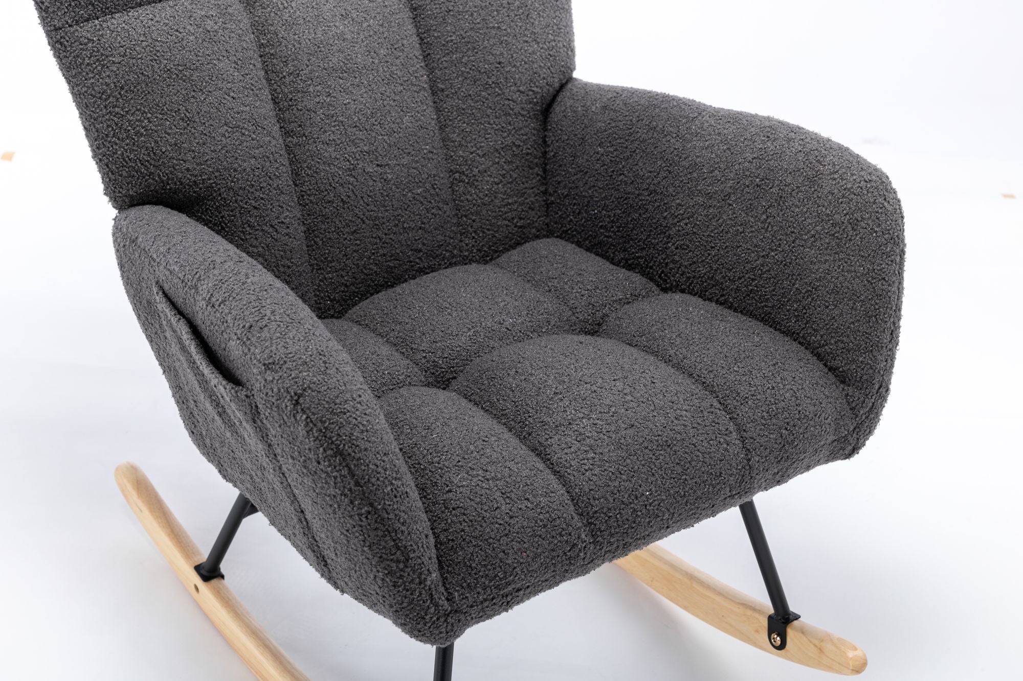 Wingback Rocking Chair with Storage Pocket, Upholstered in Soft Teddy Fabric, Featuring a Sturdy Solid Wood Base