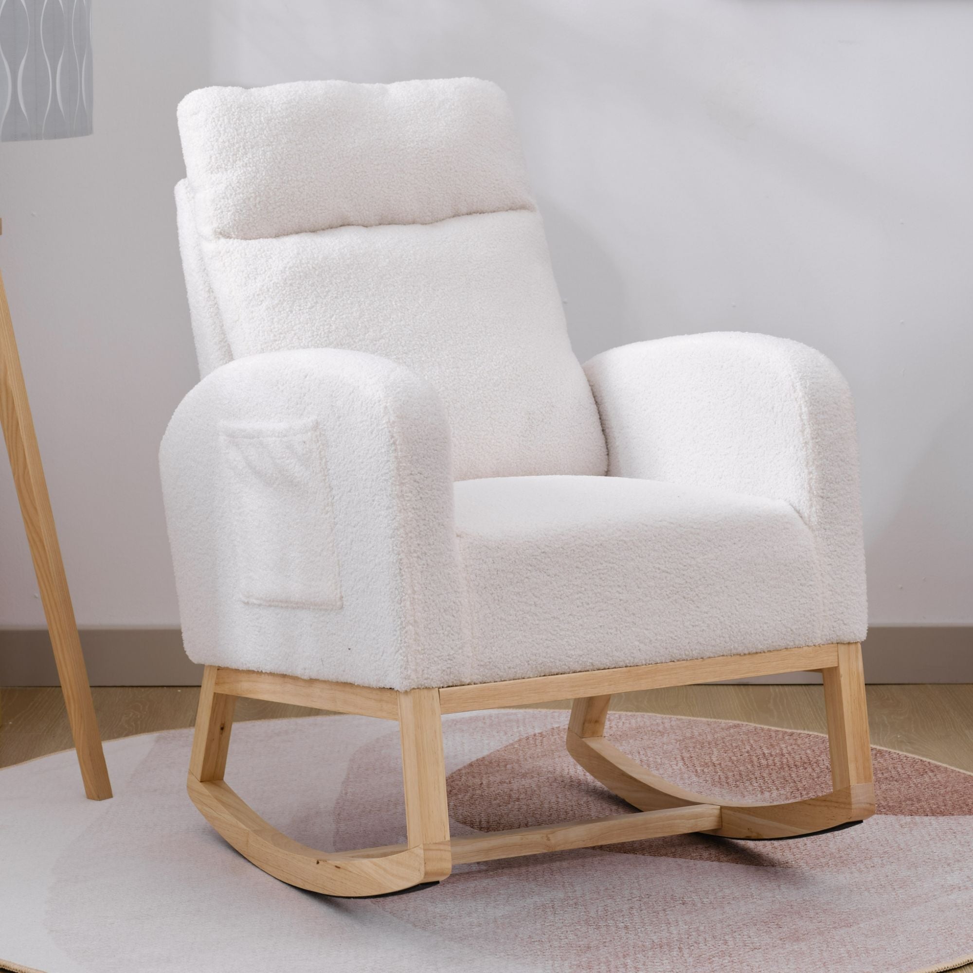 Modern Upholstered Rocking Chair with Solid Wood Legs, High Backrest, Side Pocket, and Comfy Armrests – Nursery Glider and Living Room Accent Chair