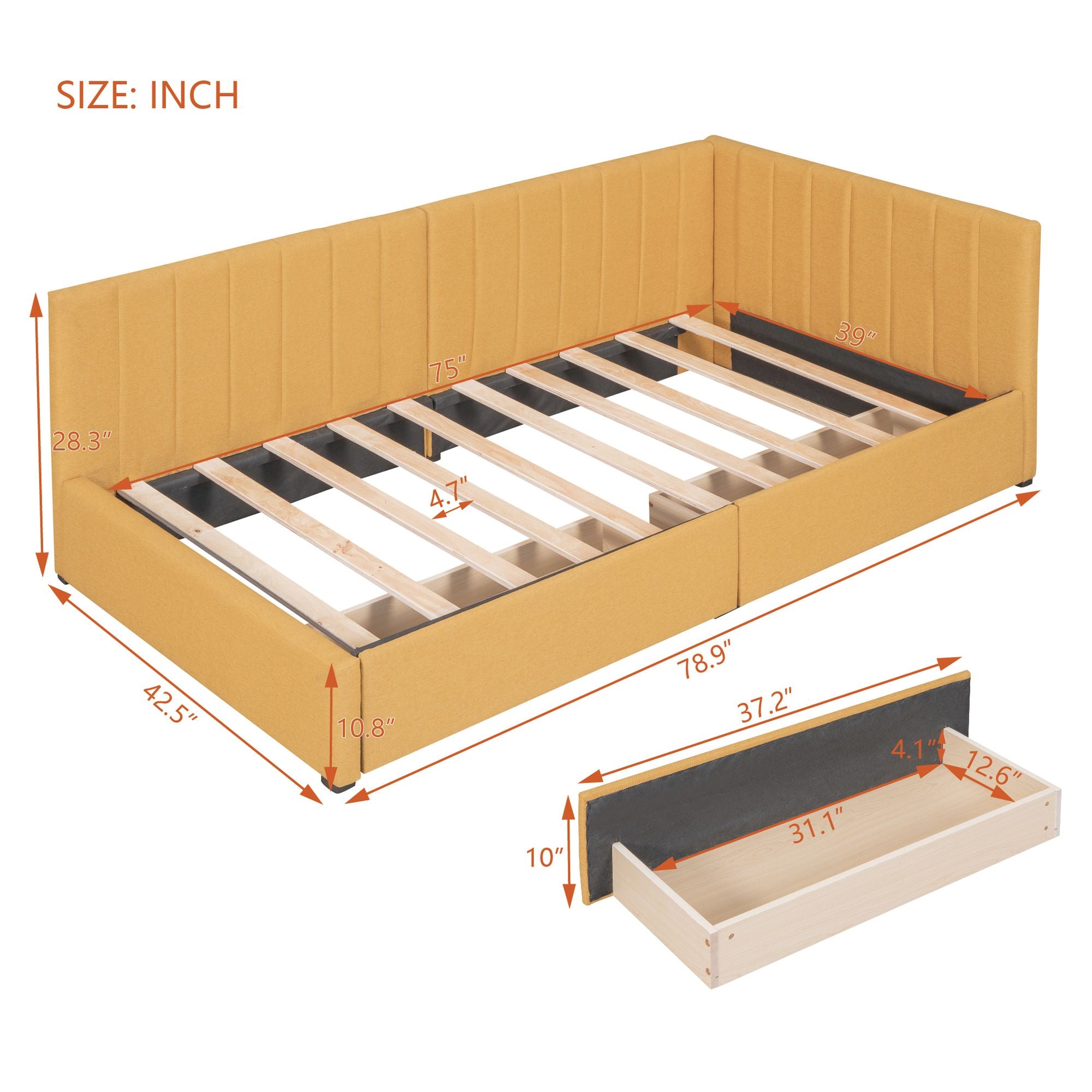 Upholstered Daybed with 2 Storage Drawers Twin Size Sofa Bed Frame No Box Spring Needed, Linen Fabric (Yellow)