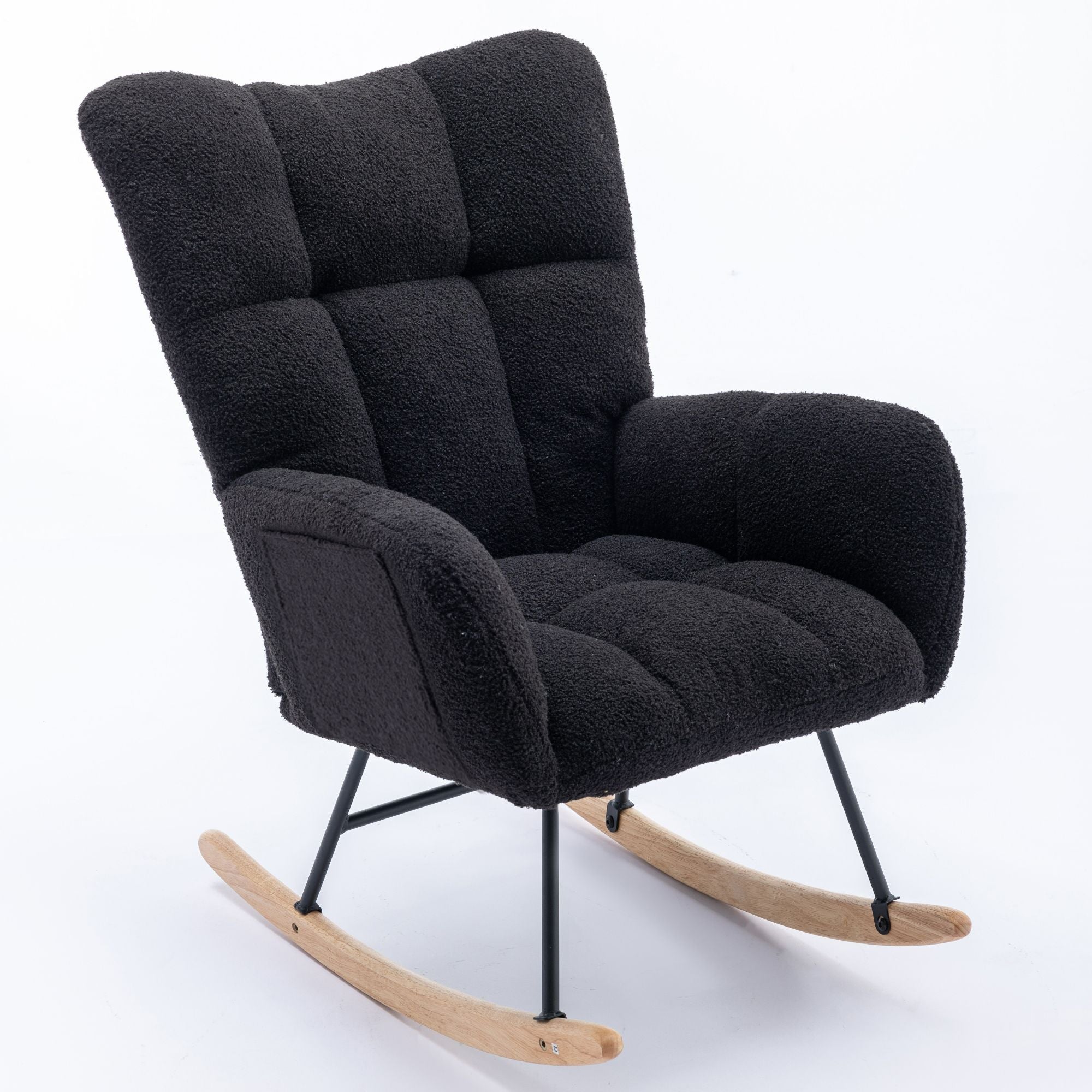 Wingback Rocking Chair with Storage Pocket, Upholstered in Soft Teddy Fabric, Featuring a Sturdy Solid Wood Base