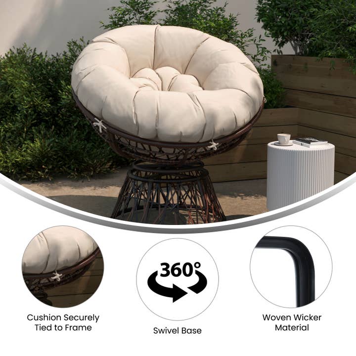 Swivel Patio Papasan Chair with Beige Cushion