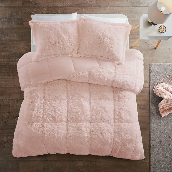 Shaggy Fur 3-Piece Comforter or Duvet Cover Set, Pink